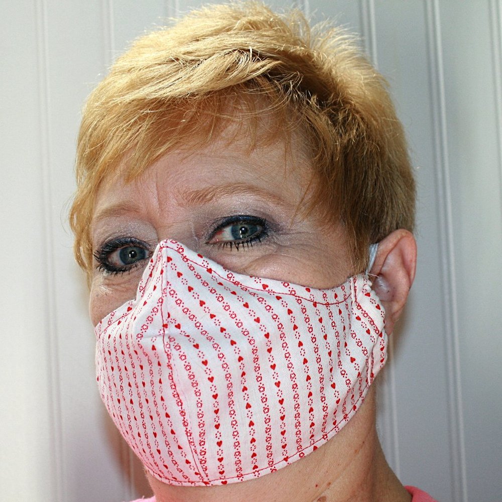 HAND CRAFTED Face Mask Hearts Stripe Adult Cloth Fabric Print - Shield Style